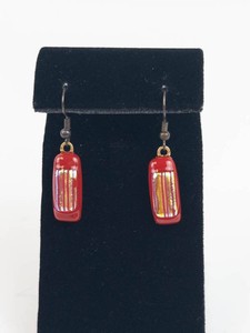 Vintage Red Dichroic Glass Gold Tone Dangle Earrings