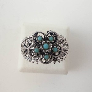 Turquoise Statement Ring - Open Shank Floral Filigree Size 8-10