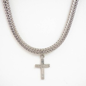 Silver Tone Cross Pendant Necklace - Braided Chain