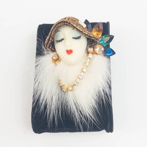 Vintage Flapper Face Rhinestone Fur-Trim Brooch
