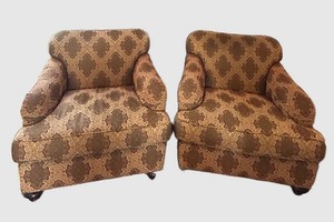LR - Pair of Baker Upholstered Armchairs - Damask Pattern