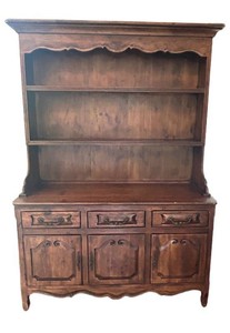LR - Vintage Wooden Dining Hutch - Scalloped Gallery, 3 Drawers & 3 Doors