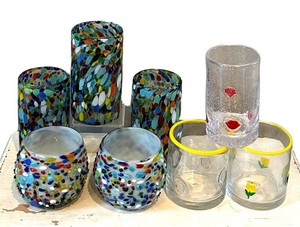 LR - Decorative Glassware Mixed Lot - Colorful Tumblers & Fruit Motifs (Lot of 8)
