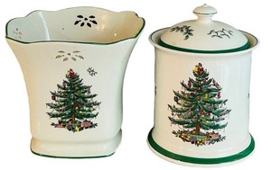 LR - Spode Christmas Tree Canister & Pierced Basket S3324 (Lot of 2)