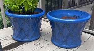 BD - Two Blue Ceramic Geometric Planter Pots