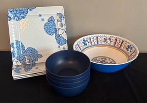 DR - Four Sur La Table Melamine Plates, Le Cadeaux Serving Bowl and Four Room Essentials Bowls