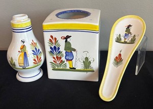 DR - Henriot Quimper Pottery Spoon Rest, Tissue Cover & Vase