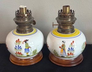 DR - Two Henriot Quimper Hand-Painted Oil Lamps