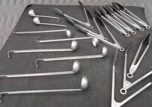 8 VOLLRATH LADELS AND 10 TONGS