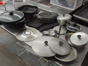 LARGE MISC KITCHEN PANS - TOASTER - LIDS AND MORE