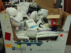HUGE MASSIVE BOX FULL OF MISC MEDICAL SUPPLIES COVID HELMETS, AND MUCH MORE