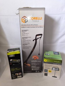 Electric String Trimmer, Foot Pump, Outdoor Lamp-All NEW