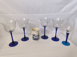 Cobalt blue Stemmed Wine glasses(5)-and ceramic mug