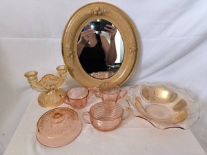 Pink and Marigold depression glass, and wall mirror