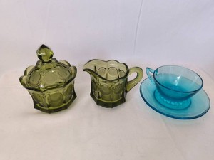 Fostoria avocado green Coin sugar and creamer,Blue tea cupsaucer