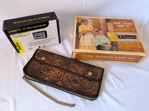 Cassette to MP3 converter, Hair Trimmer, hand tooled leather wallet