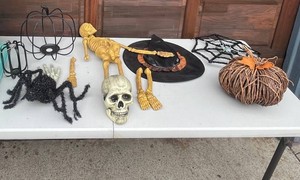 Halloween Decor Mixed Lot - Skeleton, Witch Hat, Pumpkins & Spiders