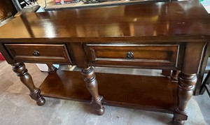Beautiful Dark Wood Console Table w Lined Drawers & Ornate Hardware