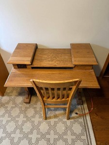 Wood Computer Desk With Raised Shelf & Matching Chair