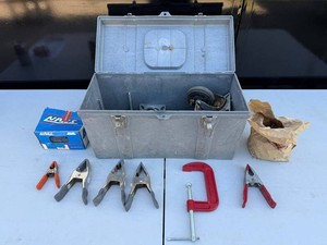 Mixed Lot Metal Toolbox, Clamps, Pliers, Casters & Hardware