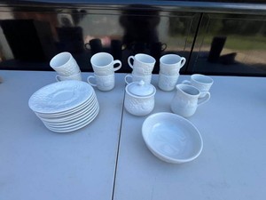 Gibson Embossed Cups & Saucers With Sugar & Creamer Serving Pieces