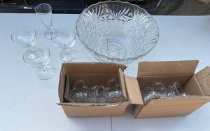 Mixed Glassware Assortment - Faceted Punch Bowl, Cups & Stemware