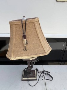 Vintage Table Lamp With Burlap Shade & FishingBoating Theme