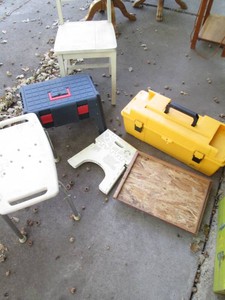 Long Plano tool box, misc use stools, Vintage wood dining chair and plant moving platform