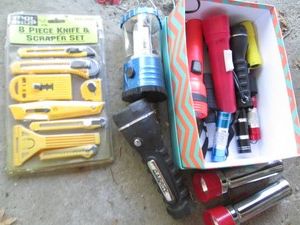 Flashlights, utility knives and scrapers