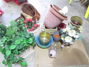 Outdoor planters, wicker basket variety, faux greenery, squirrel themed planter, Birdhouse and more