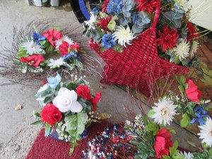 4th of July faux floral arrangement in Star shaped basket, wreaths and more