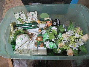 St Patricks Day supplies and decor with lidded tote