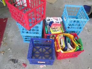 Bulk lot of plastic crates and reusable shopping totes