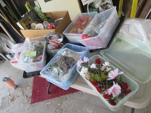 Multiple small lidded storage boxes, Tin boxes, glass stones, craft ribbon and other supplies