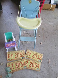 Vintage metal Doll size high chair, smaller toy high xhair and Vintage license plates