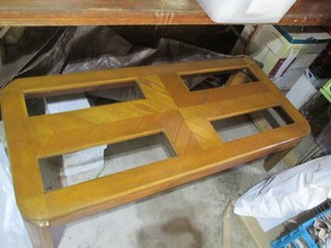 Vintage wood coffee table with (4) empty sections for the missing inlay style glass panels