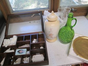 Wood Shadowbox case with glass front plus miniature decor inside, green glass jug, lidded urn and more