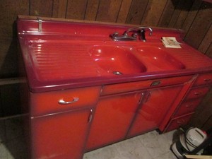 Vintage Montgomery Ward transitional red Metal Enamelware Kitchen cabinet countertop sink fixture approx 5ft long