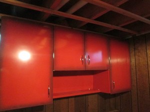 Vintage Montgomery Ward transitional red Metal enamelware Kitchen cupboard and shelf unit approx 5ft long
