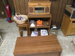 Vinyl record player, end table, cabinet and chest