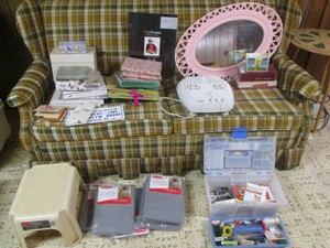 Wood End table with decorative mat, step stool, clothing bags, stationery, photo albums and more