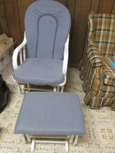 Wood framed Glider rocking chair with matching ottoman and padded cushions