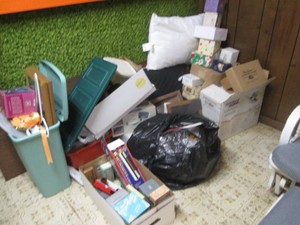 Lidded trash bin, assorted picture frames, misc nik naks and decor, vintage tobacco pipes and other misc