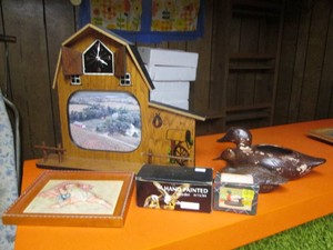 Wood Barn picture frames clock, Carved wood decor, vintage textured wall art and ceramic duck planter