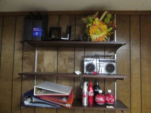 3-Ring binders, small stereo boombox style radio, misc office supplies and decor