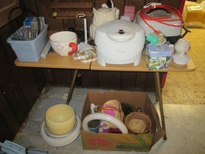 Kitchen ware and home decor plus a vintage folding table