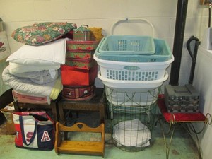 Pair of vintage chairs, bedding and storage boxes