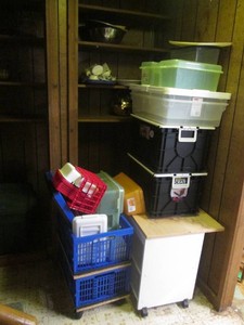 Storage boxes, crates and a rolling cart