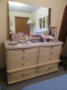 Vintage dresser with mirror plus its contents as shown