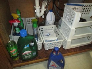 Storage organizers plus assorted kitchen cleaners and supplies